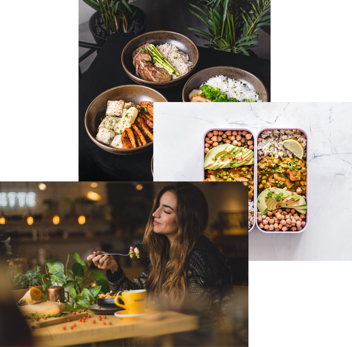 Lady Enjoying Food, meals in food storage and food bowls on table